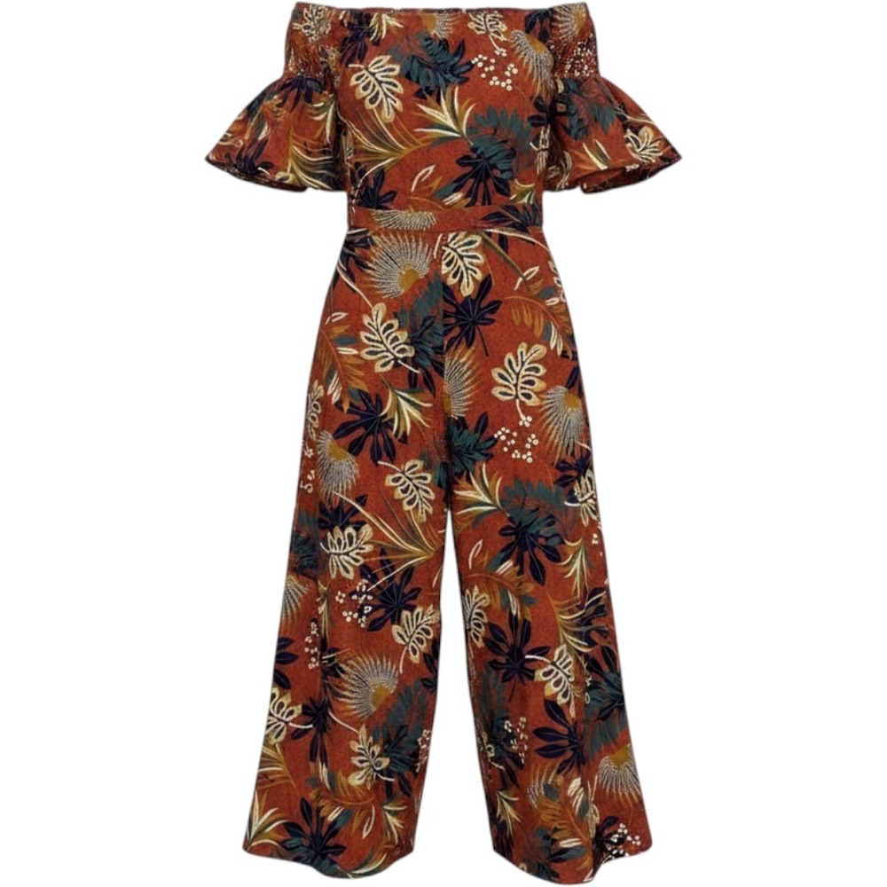 Goodtime USA Tropical Floral Off Shoulder Wide Leg Jumpsuit Rust Orange 7459 2X